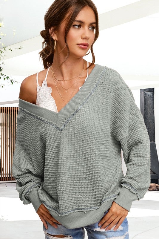 stitch detail oversized waffle knit top | Kickback boutique in