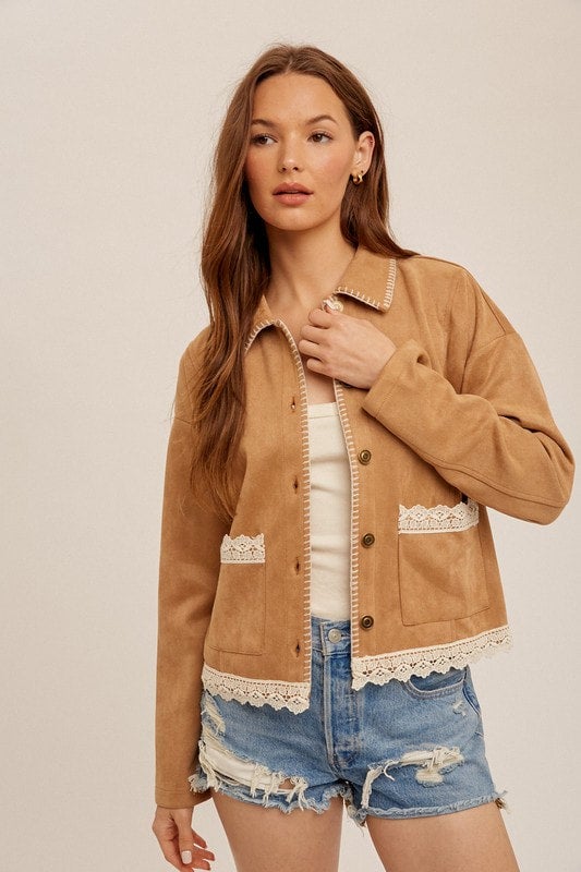 contrasting lace detail suede jacket